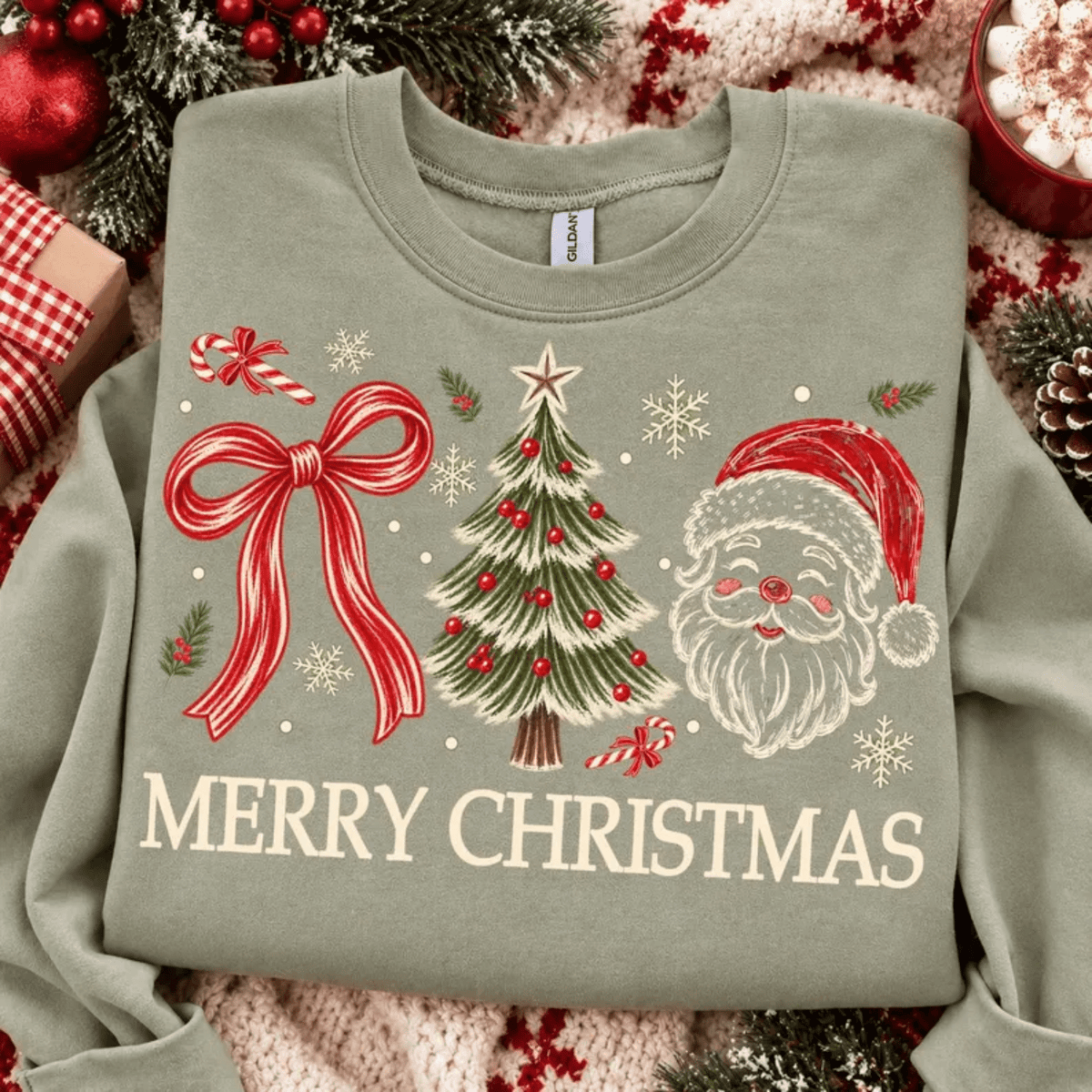 RTS MERRY CHRISTMAS BOW TREE SANTA DTF DIRECT TO FILM transfers ADULT 10.5X11.5 - Do it yourself Transfers