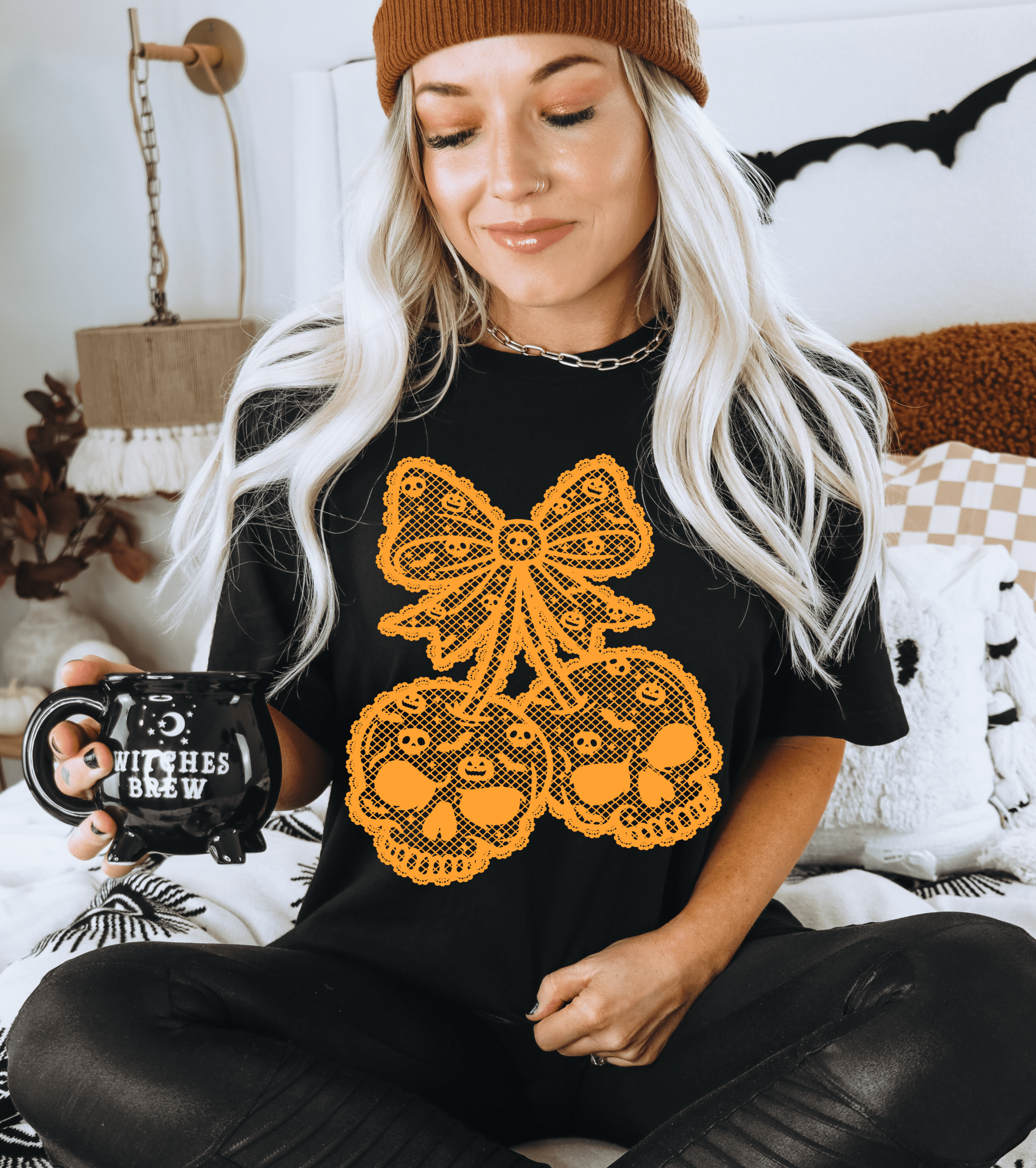 RTS SKULLIE CHERRIES HALLOWEEN LACE BOW ORANGE SCREEN PRINT transfer ADULT 10X12 - Do it yourself Transfers