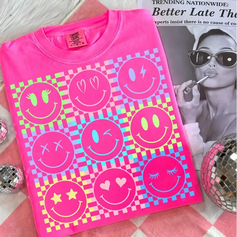 RTS SMILE FACES MULTI COLOR SUMMER CHECKER DTF DIRECT TO FILM transfers ADULT 10X11.5 - Do it yourself Transfers