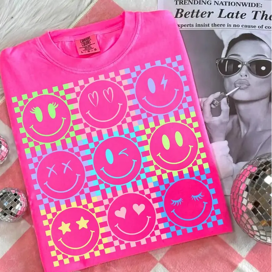 RTS SMILE FACES MULTI COLOR SUMMER CHECKER DTF DIRECT TO FILM transfers ADULT 10X11.5 - Do it yourself Transfers