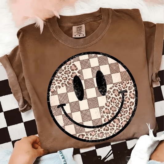 RTS SMILEY FACE CHECKER LEOPARD DTF DIRECT TO FILM transfers ADULT 10X11.5 - Do it yourself Transfers