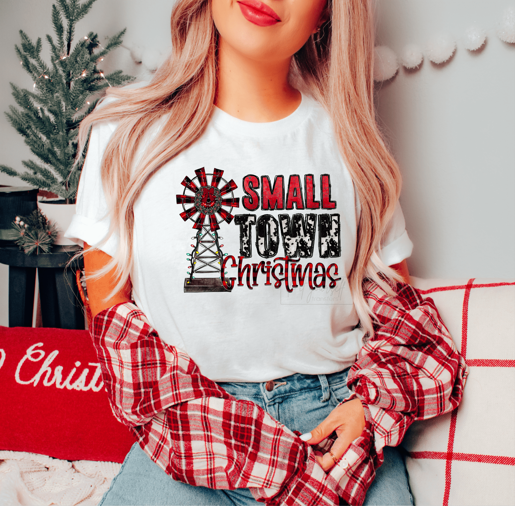 Small Town Christmas red plaid size ADULT 8x10.8 DTF TRANSFERPRINT TO ORDER - Do it yourself Transfers