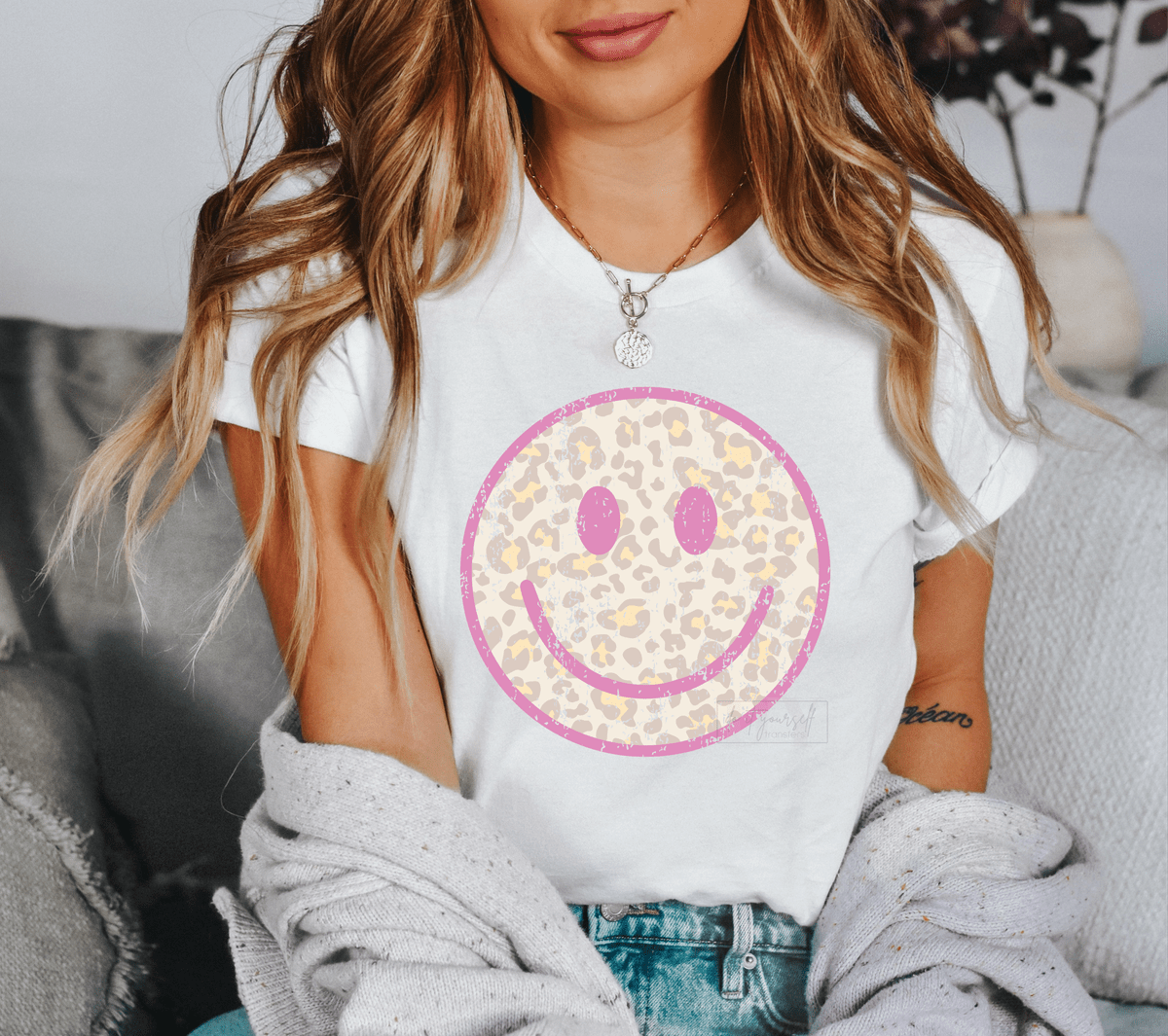 Smiley Face pink leopard size ADULT 10.4x10.4 DTF TRANSFERPRINT TO ORDER - Do it yourself Transfers