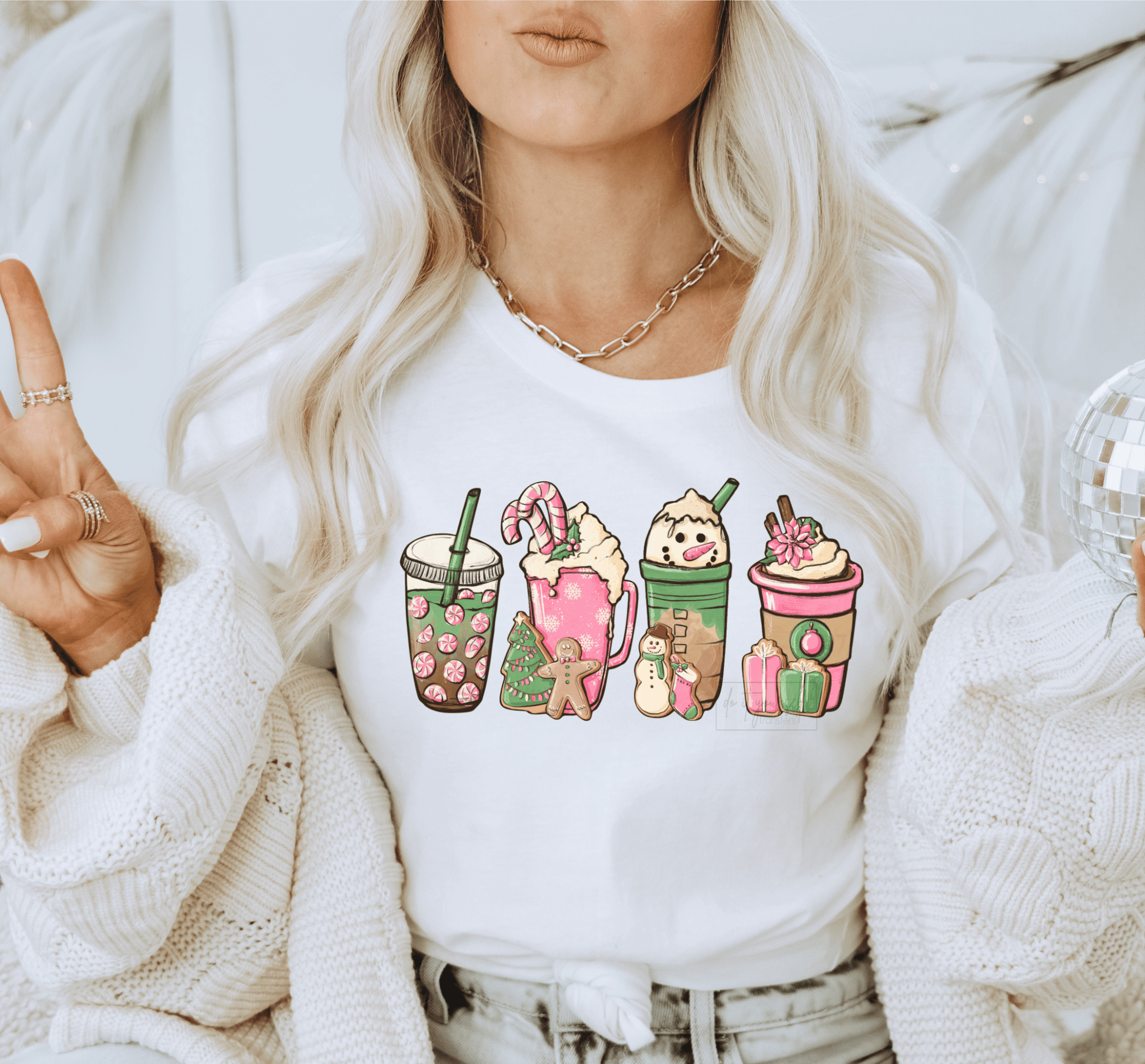 Snowman Coffee Latte Candy cane PINK GREEN Christmas size ADULT DTF TRANSFERPRINT TO ORDER - Do it yourself Transfers