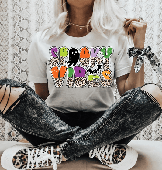 Spooky Vibes bat Halloween leopard size ADULT 12.3x8.1 DTF TRANSFERPRINT TO ORDER - Do it yourself Transfers