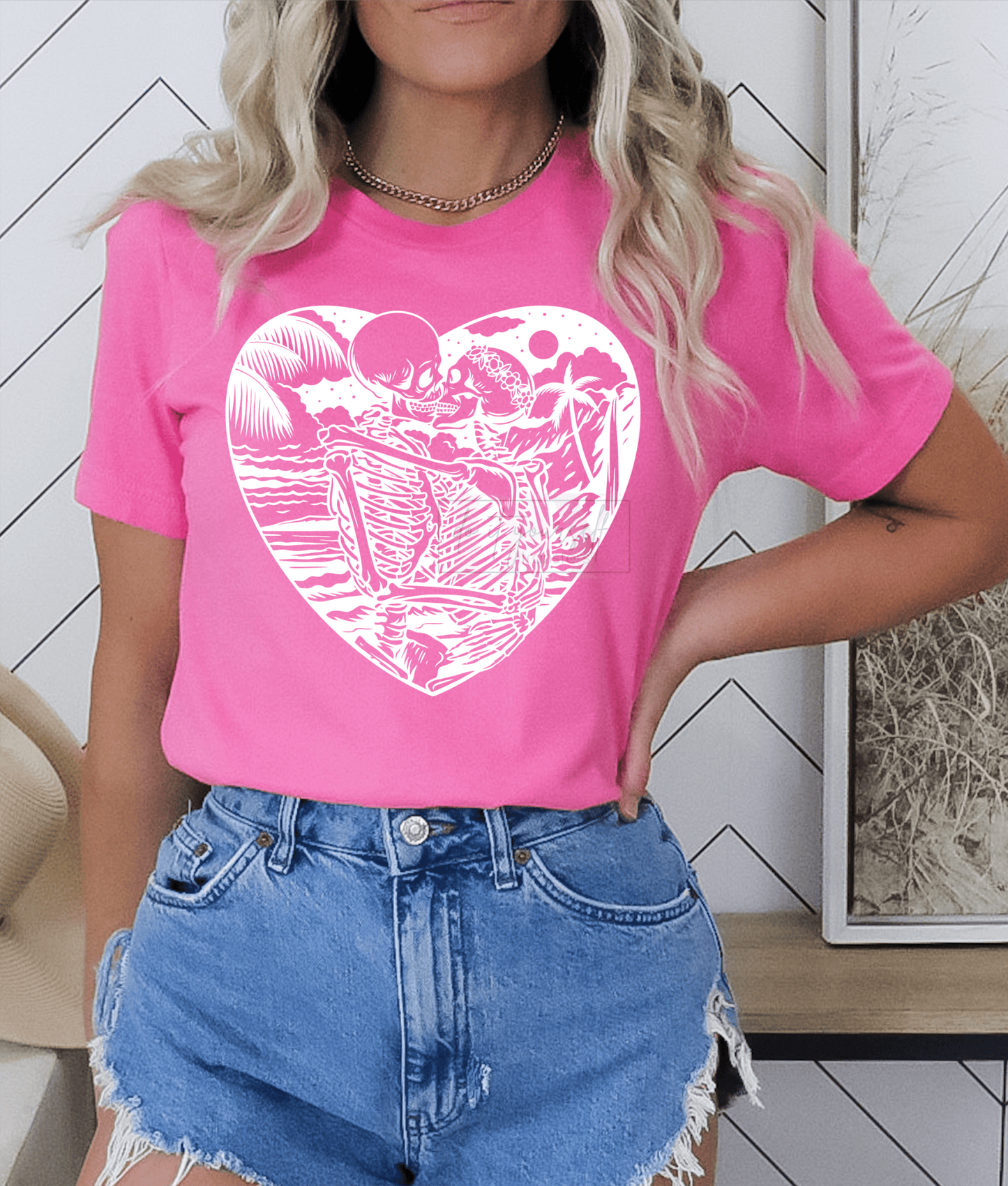 Summer Beach skulls kissing sunkissed ocean SINGLE COLOR WHITE size ADULT DTF TRANSFERPRINT TO ORDER - Do it yourself Transfers