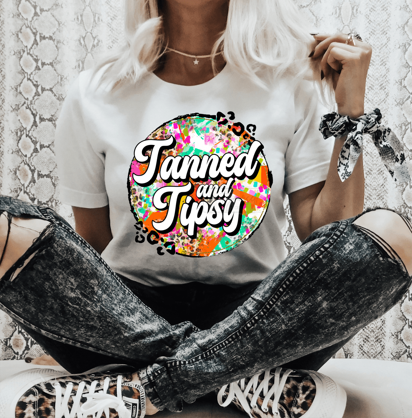 Tanned and Tipsy Leopard colorful circle size ADULT DTF TRANSFERPRINT TO ORDER - Do it yourself Transfers