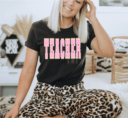 Teacher Faux Letters Pink Gold furr size ADULT DTF TRANSFERPRINT TO ORDER - Do it yourself Transfers