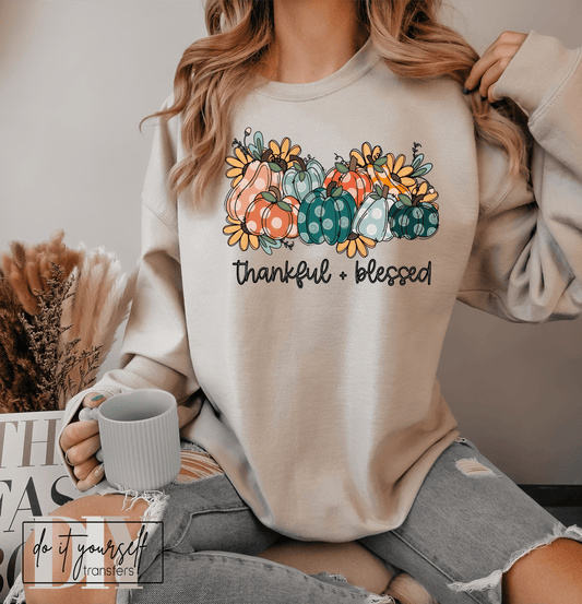 Thankful & Blessed pumpkins yellow flowers polka dot ADULT DTF TRANSFERPRINT TO ORDER - Do it yourself Transfers