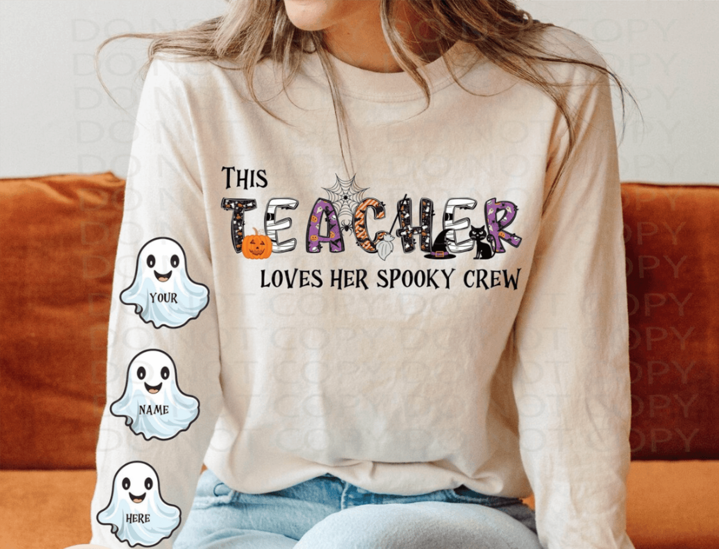 This TEACHER loves her spooky crew ghost sleeve Halloween ADULT FRONT SLEEVES 4X11 DTF TRANSFERPRINT TO ORDER - Do it yourself Transfers