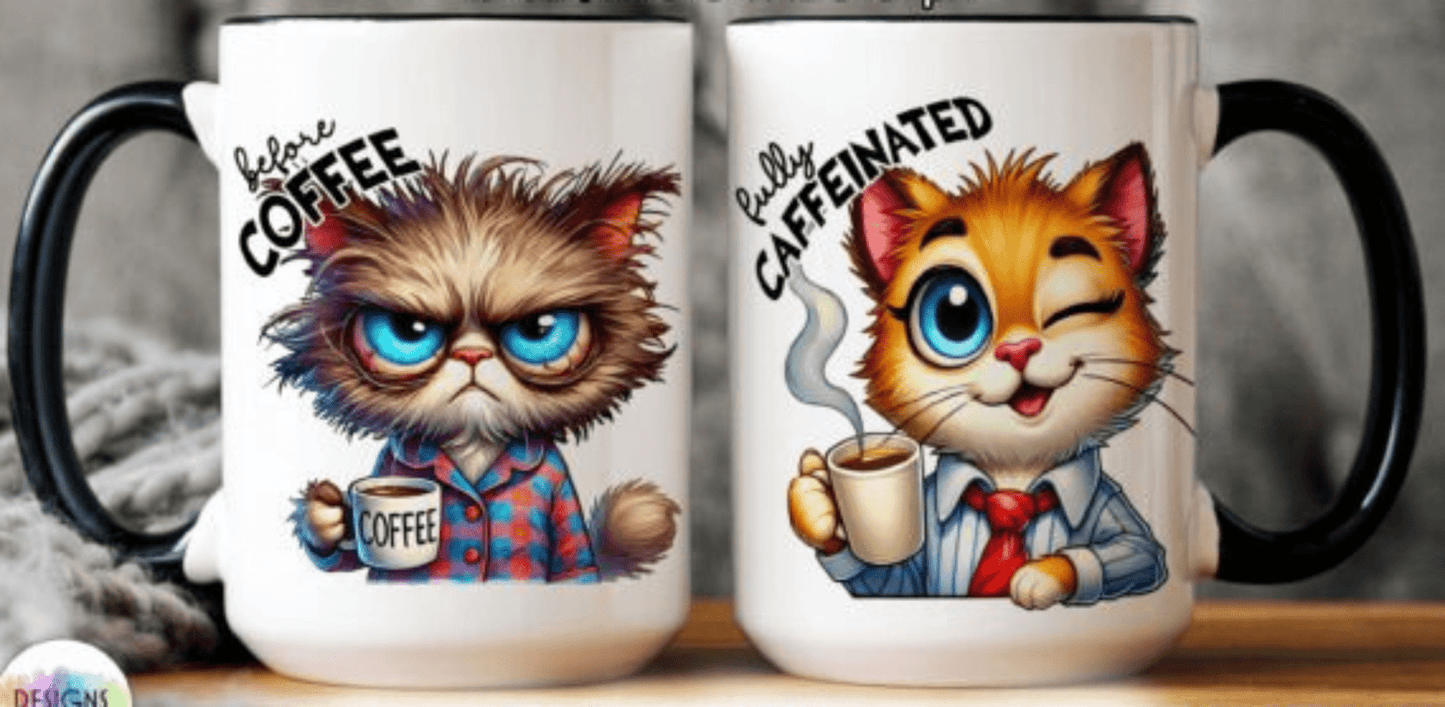 TRANSFER TUESDAY BEFORE COFFEE FULLY CAFFEINATED CAT BLUE SHIRT TIE UV DTF - Do it yourself Transfers