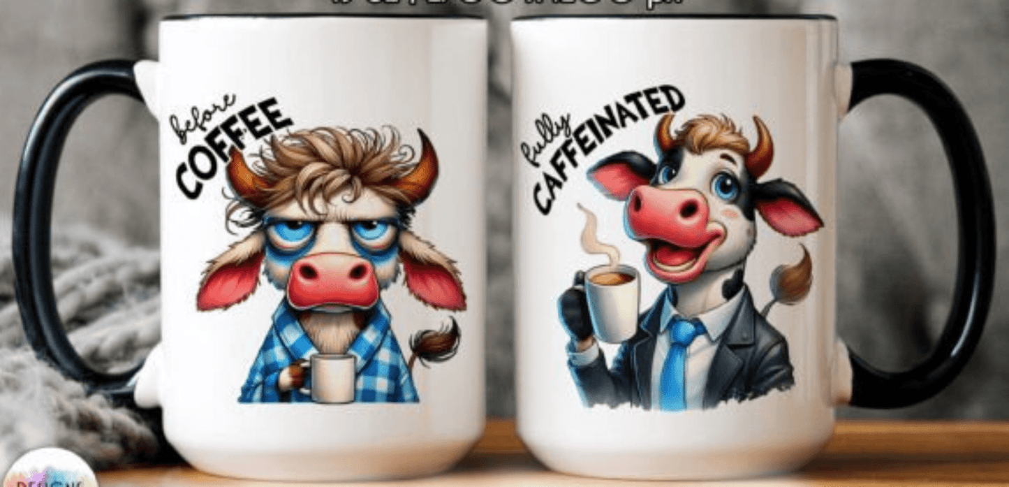 TRANSFER TUESDAY BEFORE COFFEE FULLY CAFFEINATED COW BLACK SUIT TIE UV DTF - Do it yourself Transfers