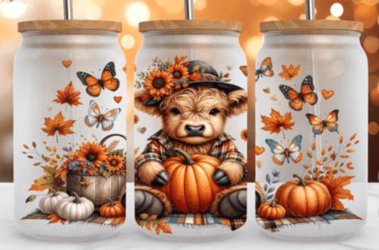 TRANSFER TUESDAY FALL COW PUMPKINS BUTTERFLIES CUP WRAP UV DTF 16OZ CUP WRAP - Do it yourself Transfers