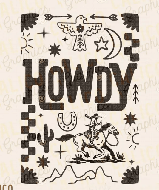 TRANSFER TUESDAY HOWDY COWBOY CACTUS CHECKER SINGLE COLOR BLACK Screen Print transfers size ADULT 9X12 - Do it yourself Transfers