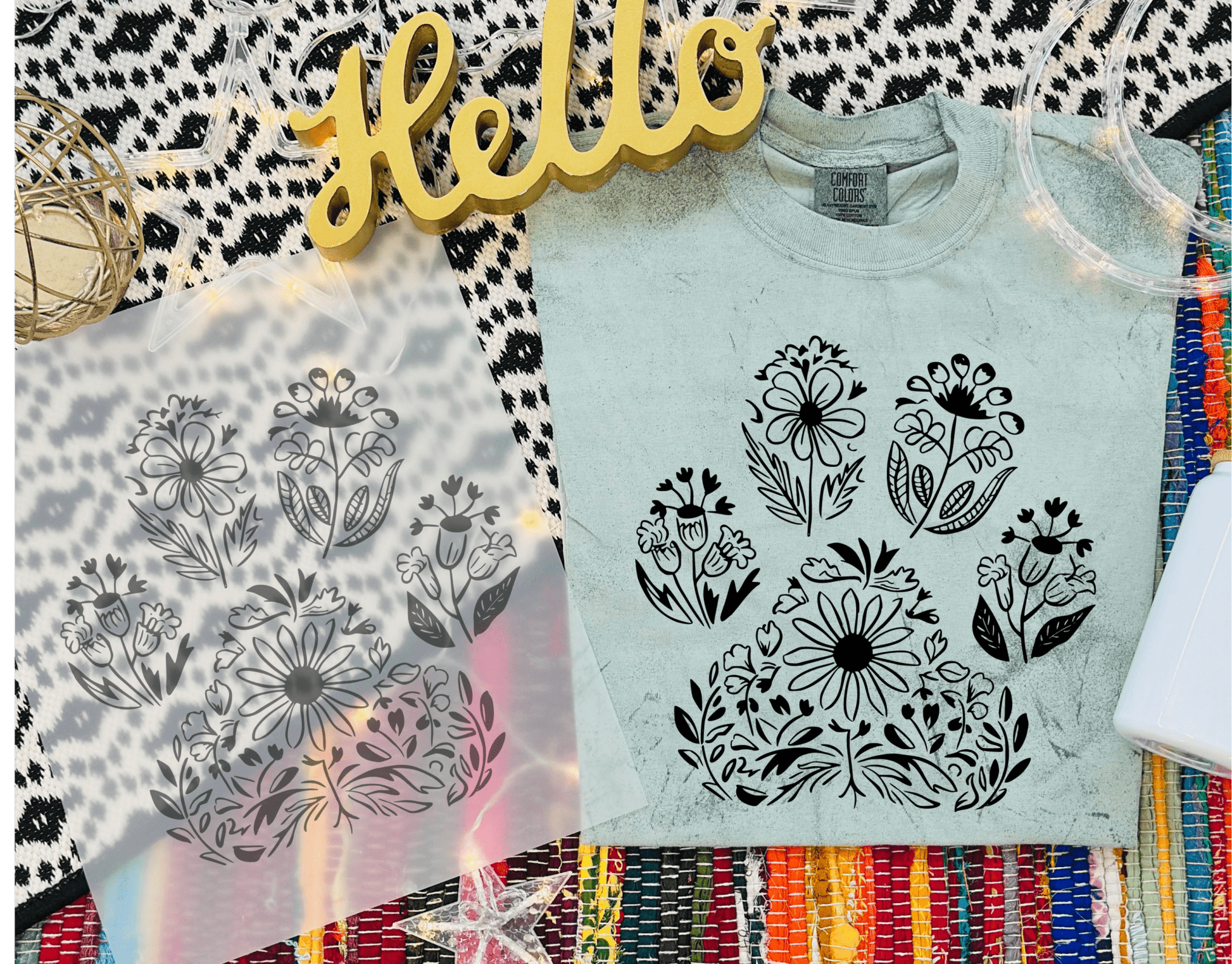 TRANSFER TUESDAY PAW PRINT FLORAL FLOWERS SINGLE COLOR BLACK DTF DIRECT TO FILM transfers ADULT 10X12 - Do it yourself Transfers