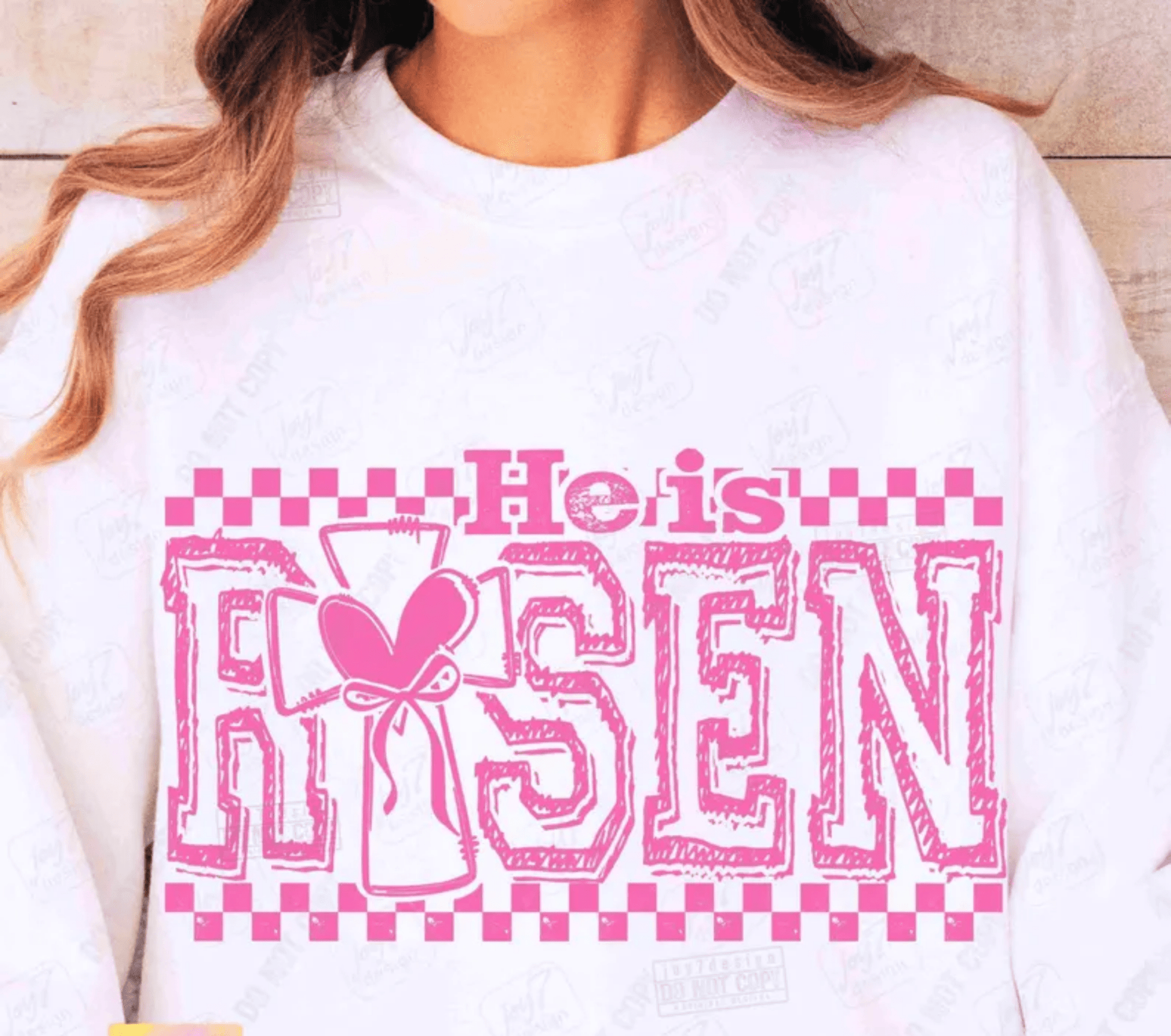 TRANSFER TUESDAY STARTS SHIPPING JAN 28TH HE IS RISEN CROSS HEART CHECKER SINGLE COLOR PINK Screen Print transfers size ADULT 10X12 - Do it yourself Transfers