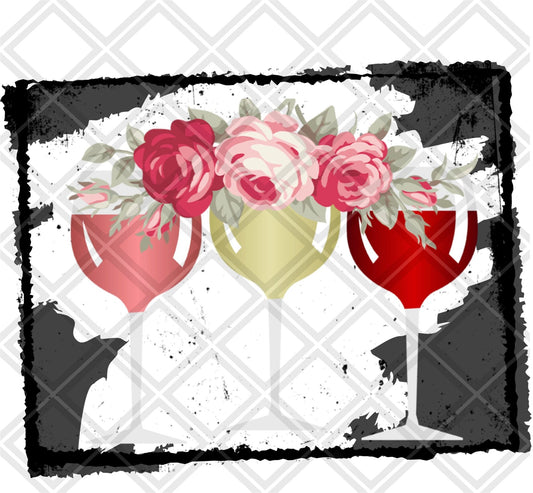 wine glass flowers with frame png Digital Download Instand Download - Do it yourself Transfers