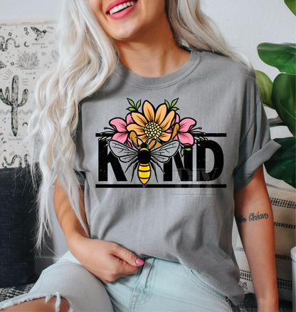 Be Kind Flowers Bee yellow Summer  size ADULT  DTF TRANSFERPRINT TO ORDER