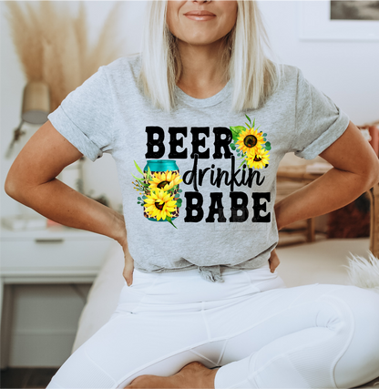 Beer drinkin' Babe cans sunflowers   size ADULT  DTF TRANSFERPRINT TO ORDER