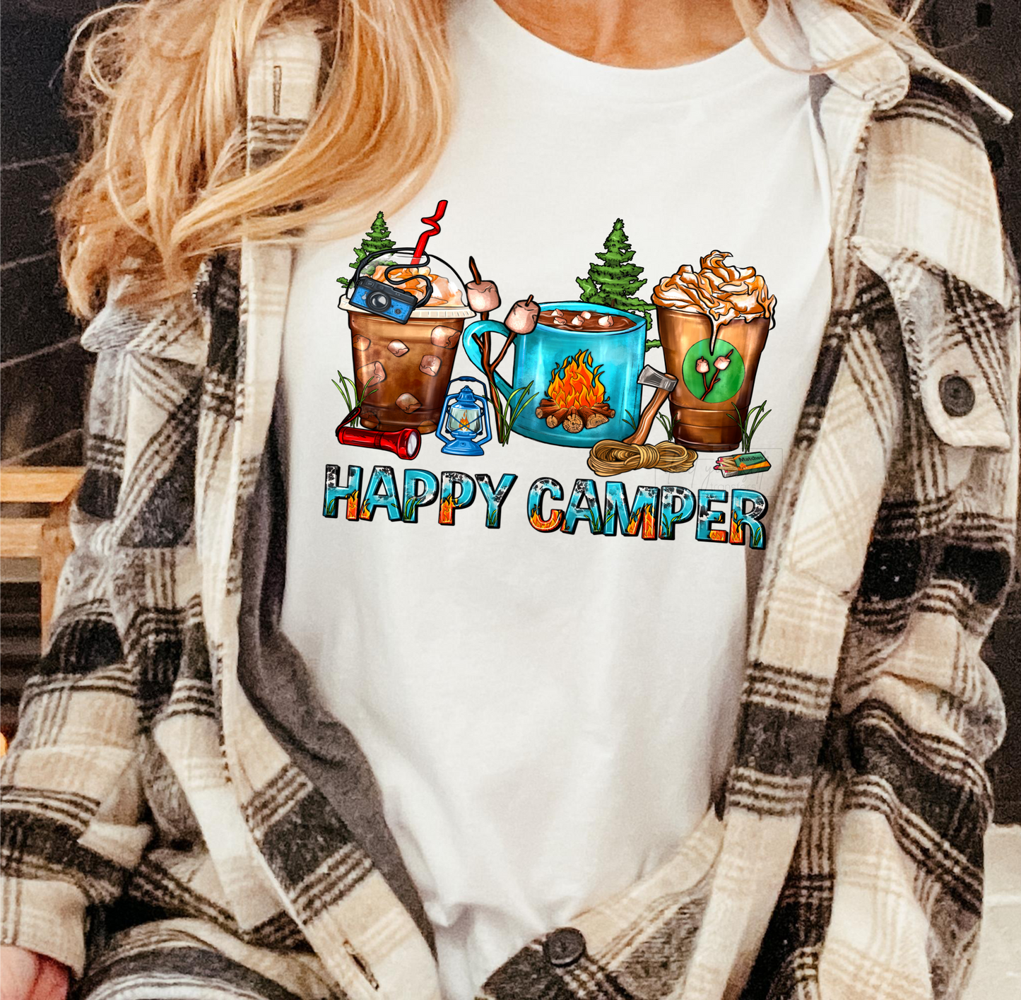 Happy Camper Fire Latte Coffee  size ADULT 8. DTF TRANSFERPRINT TO ORDER