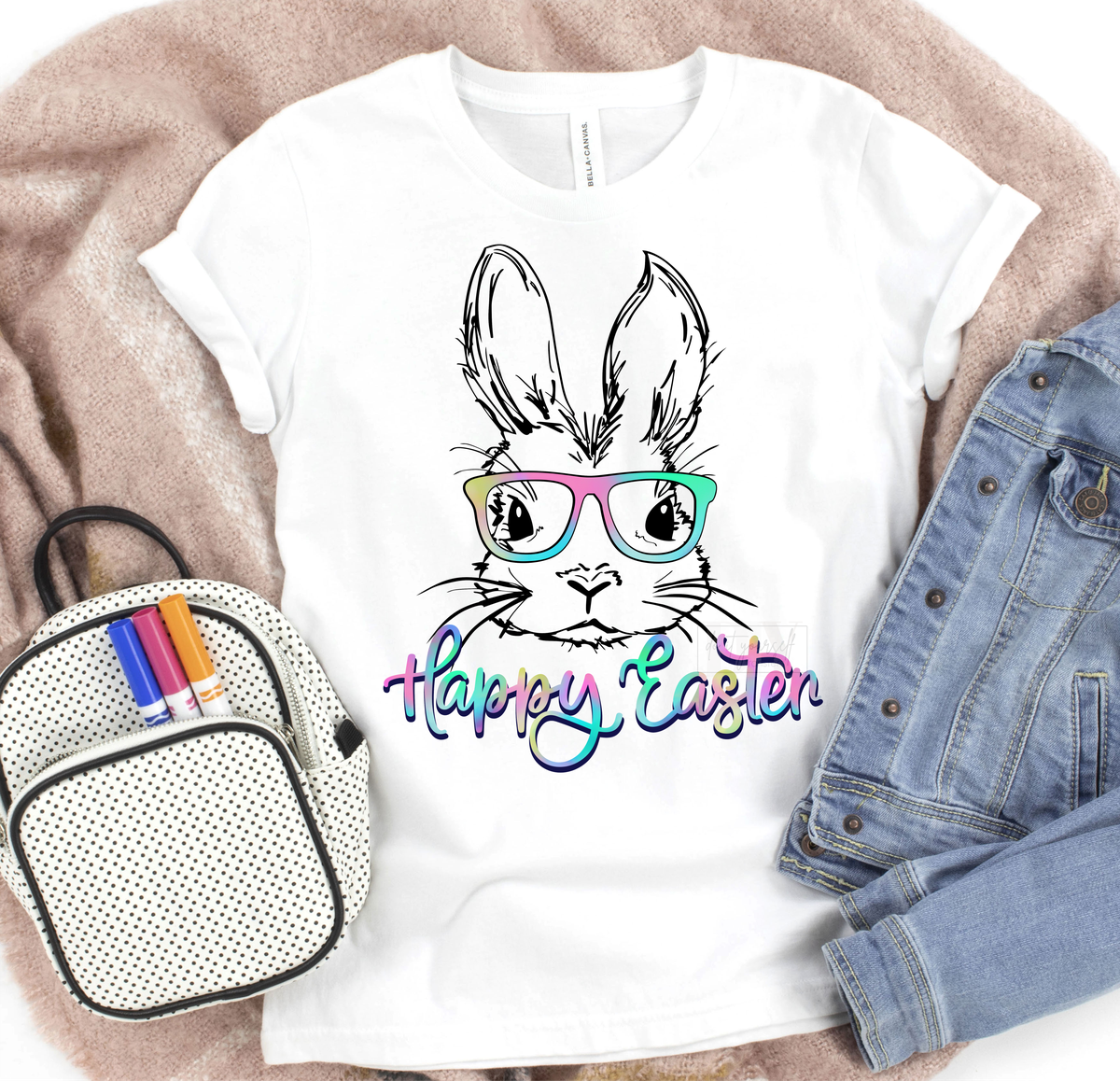 Happy Easter multi color bunny with glasses  size KIDS 6x8 DTF TRANSFERPRINT TO ORDER