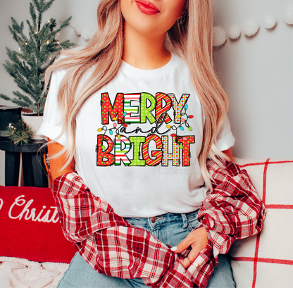 Merry and Bright Christmas Light bulbs red green  size ADULT  DTF TRANSFERPRINT TO ORDER