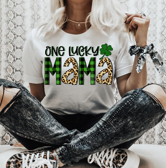One Lucky MAMA St. Patrick's Day clover leopard green buffalo plaid   size ADULT  DTF TRANSFERPRINT TO ORDER