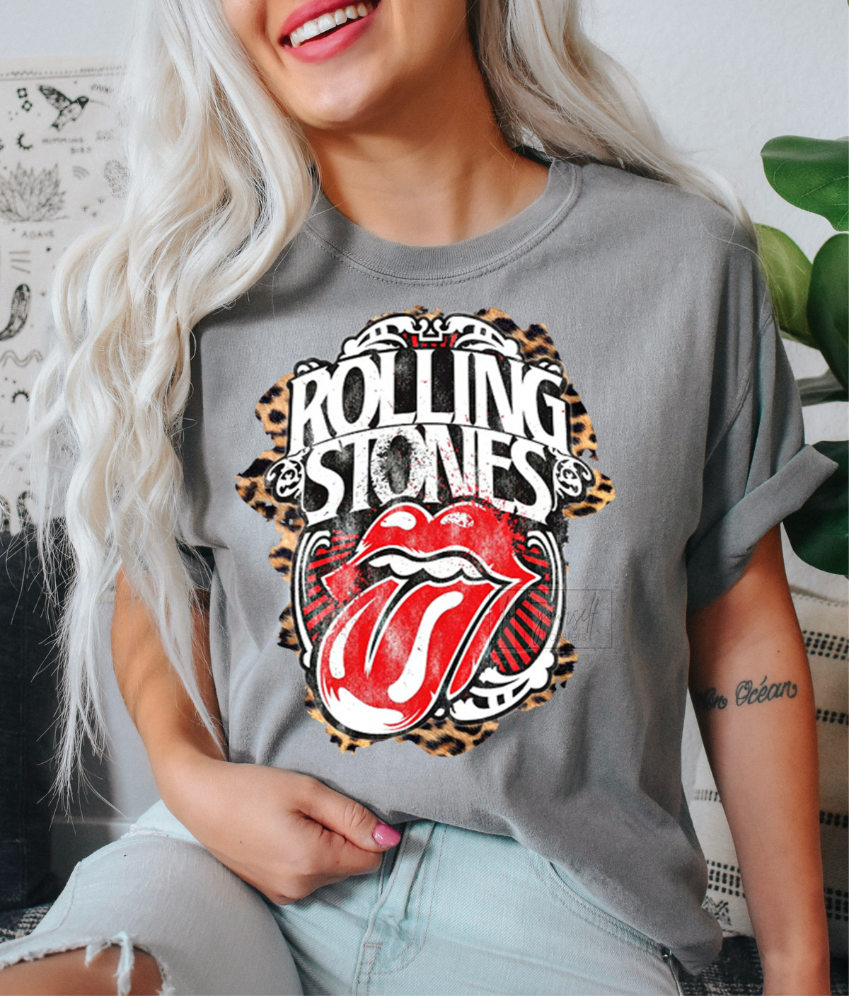 Rolling Stones Lips tongue leopard frame  size ADULT 9.6x11.6 DTF TRANSFERPRINT TO ORDER