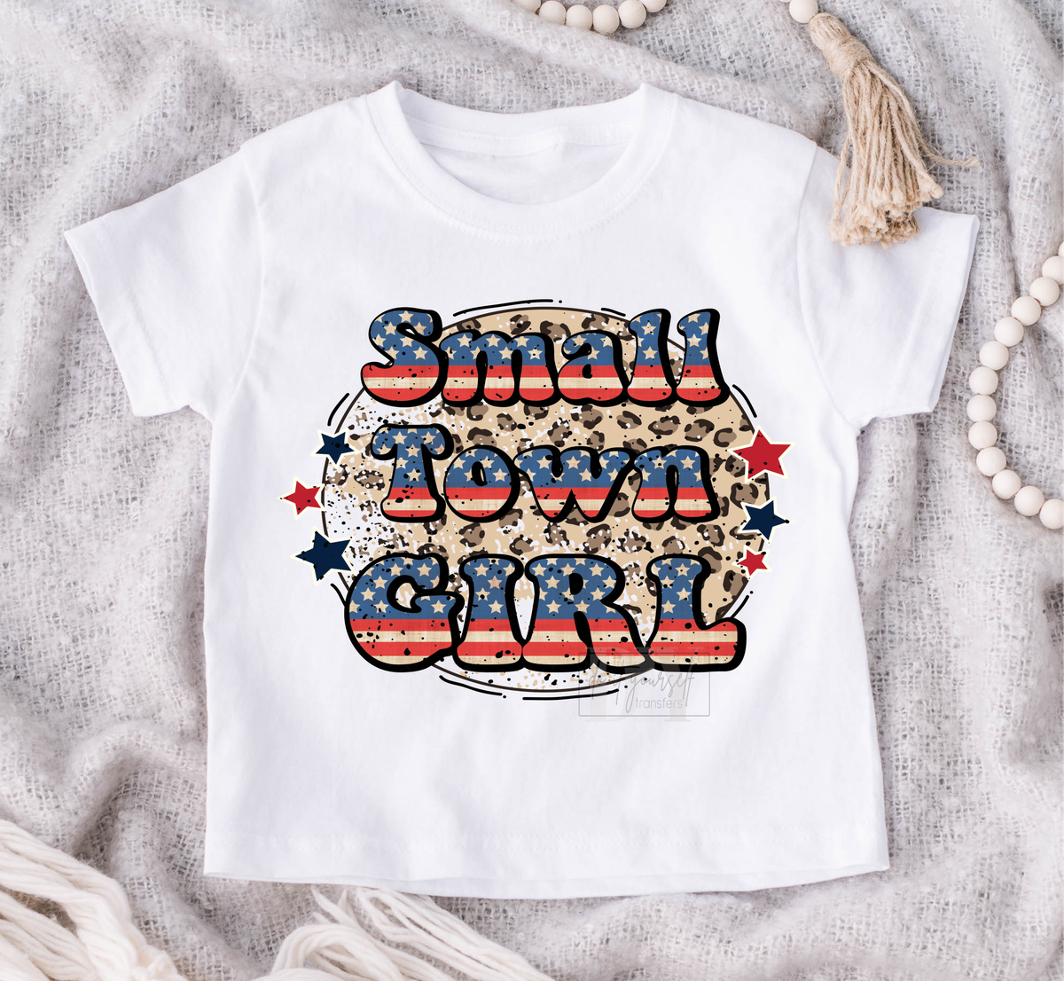 Small Town Girl Red White Blue Leopard circle  size KIDS 7.9x6.8 DTF TRANSFERPRINT TO ORDER