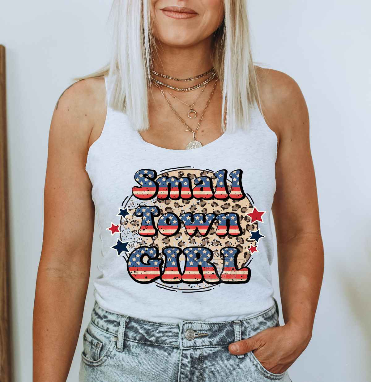 Small Town Girl Red White Blue Leopard circle  size ADULT 11.5x9.8 DTF TRANSFERPRINT TO ORDER