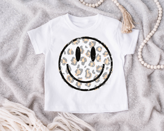 Smiley Face BLACK WHITE leopard  size KIDS 7x7 DTF TRANSFERPRINT TO ORDER