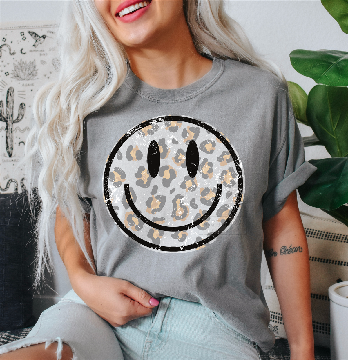 Smiley Face BLACK WHITE leopard  size ADULT 10x10.5 DTF TRANSFERPRINT TO ORDER