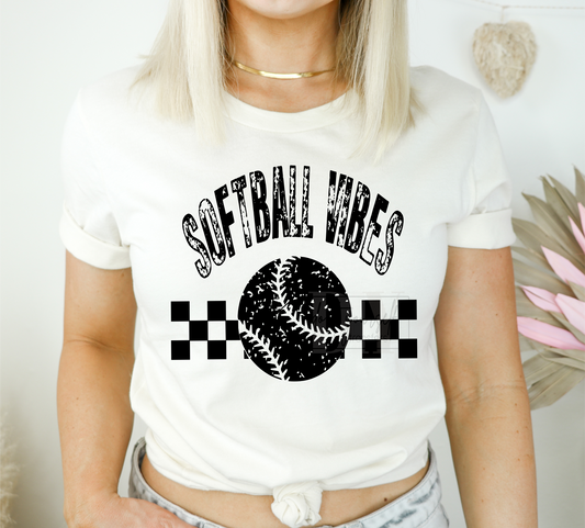 Softball vibes checkered SINGLE COLOR BLACK  size ADULT 10X13 DTF TRANSFERPRINT TO ORDER