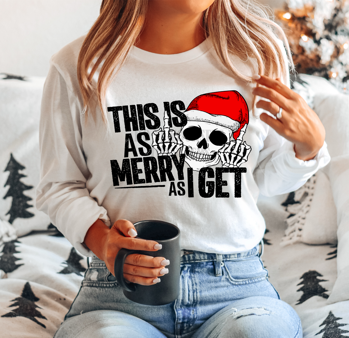 This is as Merry as I get Skull santa hat finger Christmas  adult size  DTF TRANSFERPRINT TO ORDER