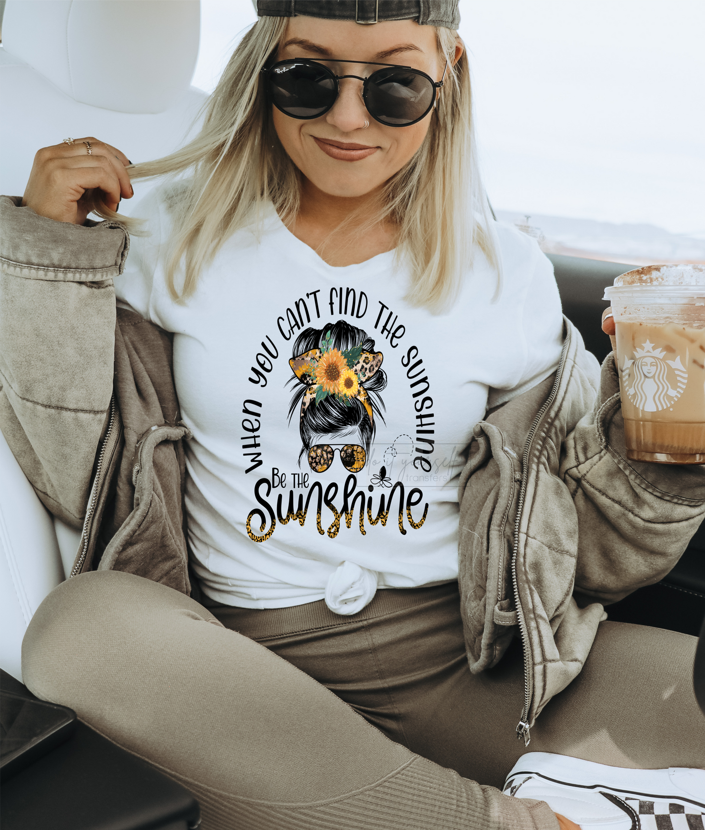 When you can't find the sunshine be the sunshine messy bun mom sunflowers  size ADULT 12.1x9.2 DTF TRANSFERPRINT TO ORDER